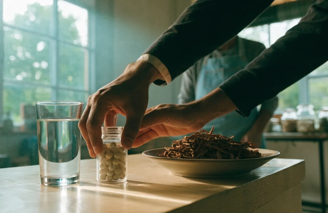 A workbench with a glass of water, an unlabeled bottle of capsules, and a bowl of dried botanical extract
