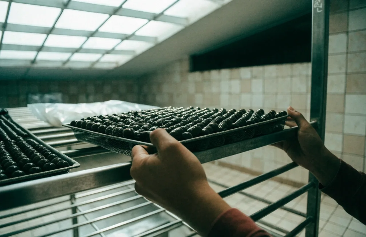 Herbal capsules drying in even rows on a mesh tray under north skylight