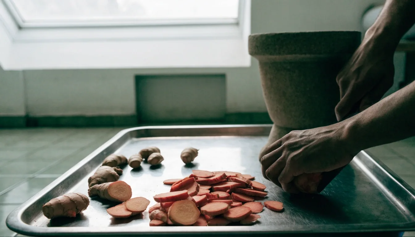 Two pairs of hands slicing red ginger root on a steel tray in a Malang herbal workshop