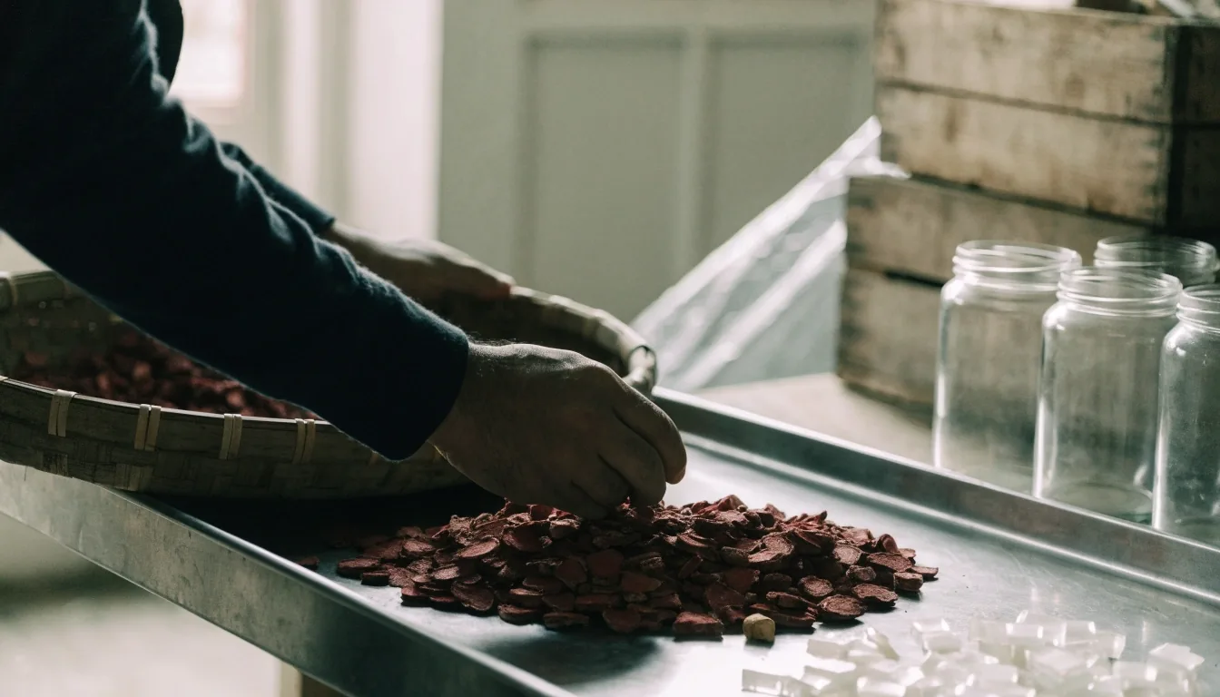 Hands spreading sliced red ginger root across a steel tray in the VitalitasIndo workshop in Malang