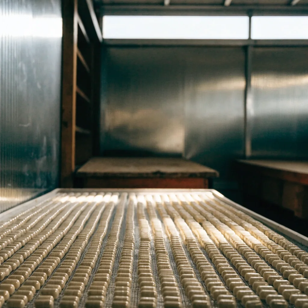 Herbal capsules drying in even rows on a mesh tray under raking north light