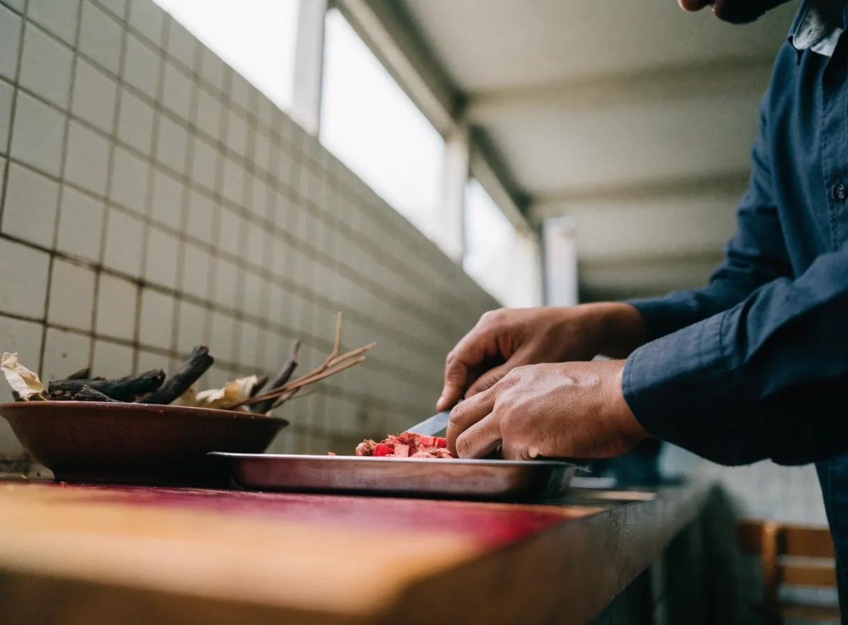 Hands slicing fresh red ginger root on a steel tray in a workshop