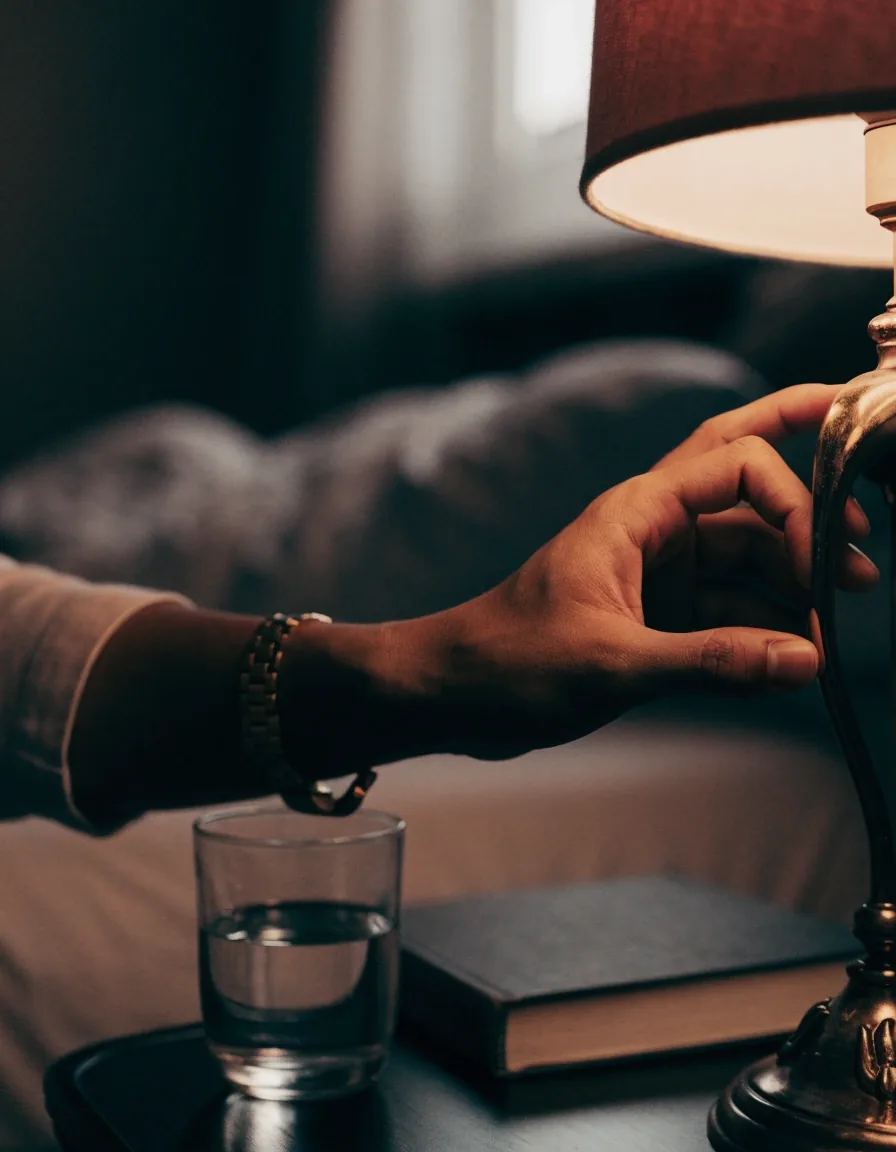 A glass of water and a closed book on a bedside shelf at night