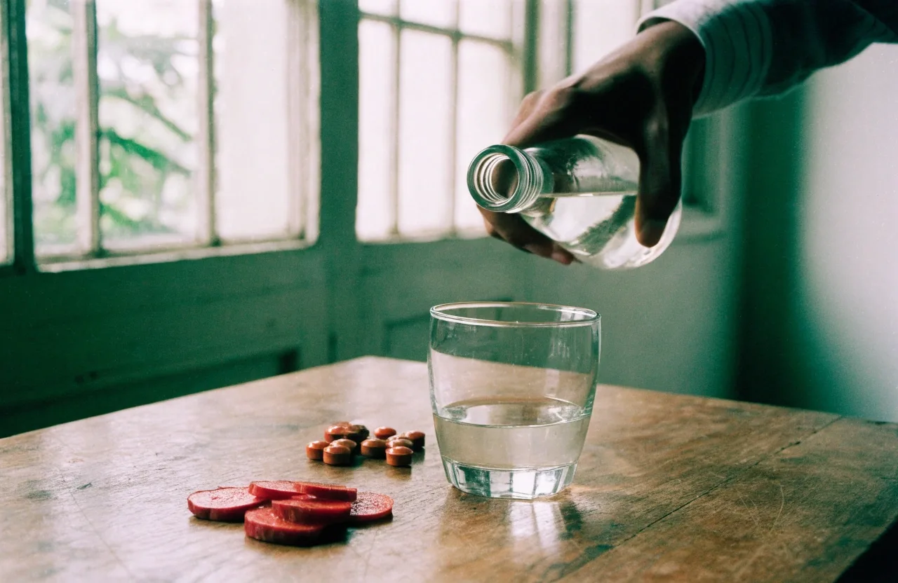 A water glass and loose herbal capsules arranged on a steel tray in a Malang workshop