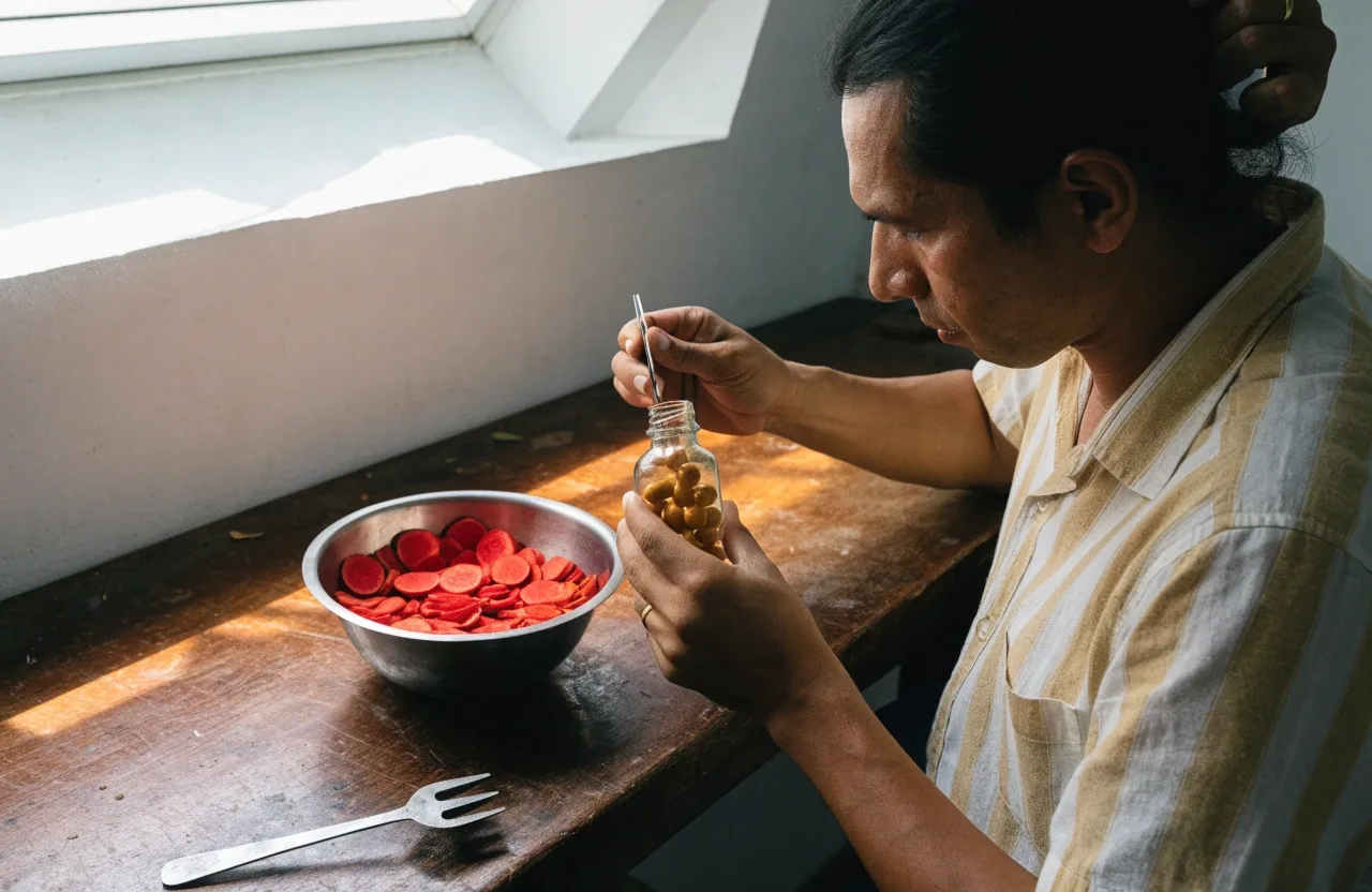 A man arranging a capsule bottle and dried botanical extracts on a Malang workbench