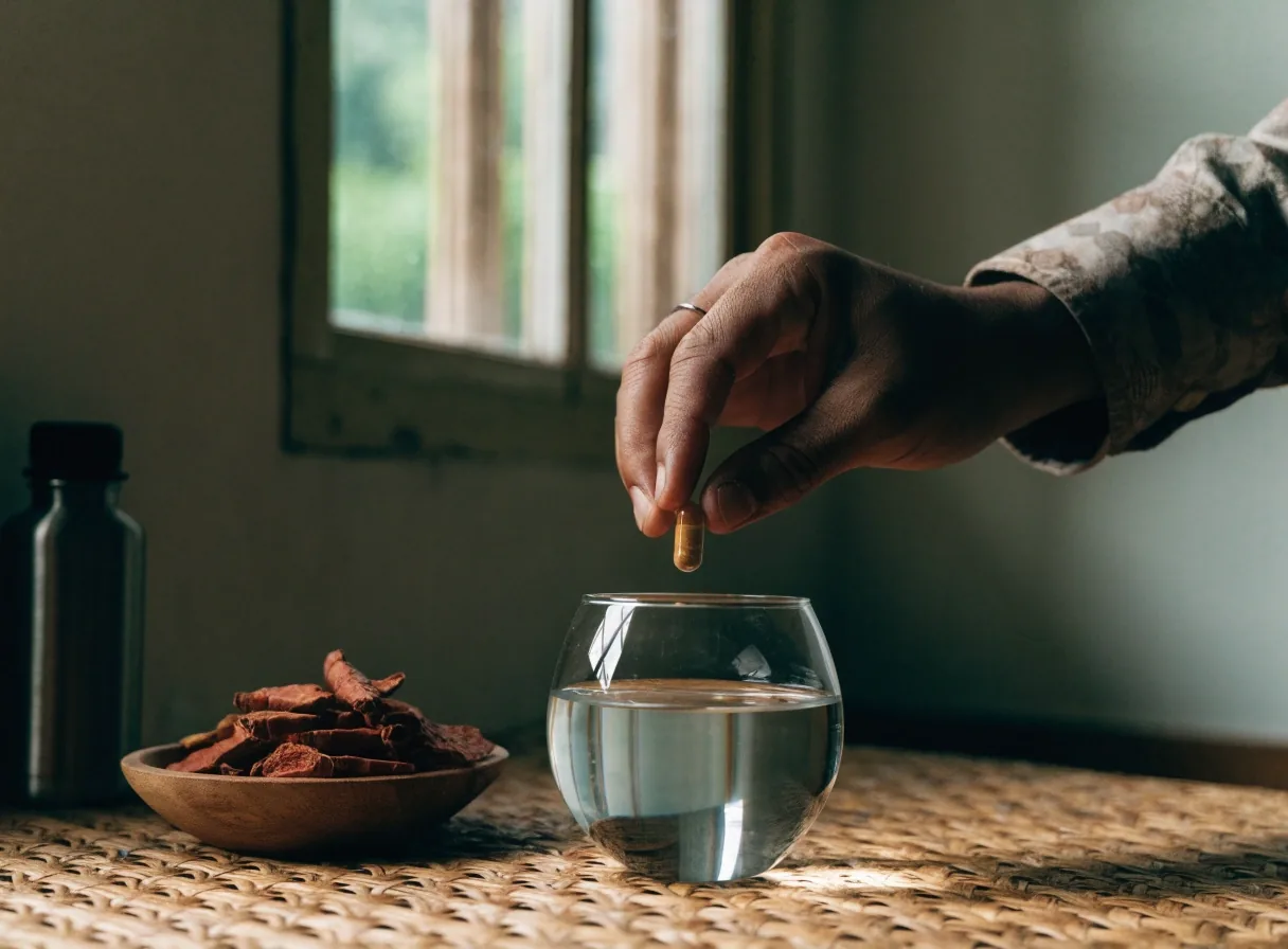 An amber capsule bottle beside a bowl of dried botanical extracts on a Malang workbench
