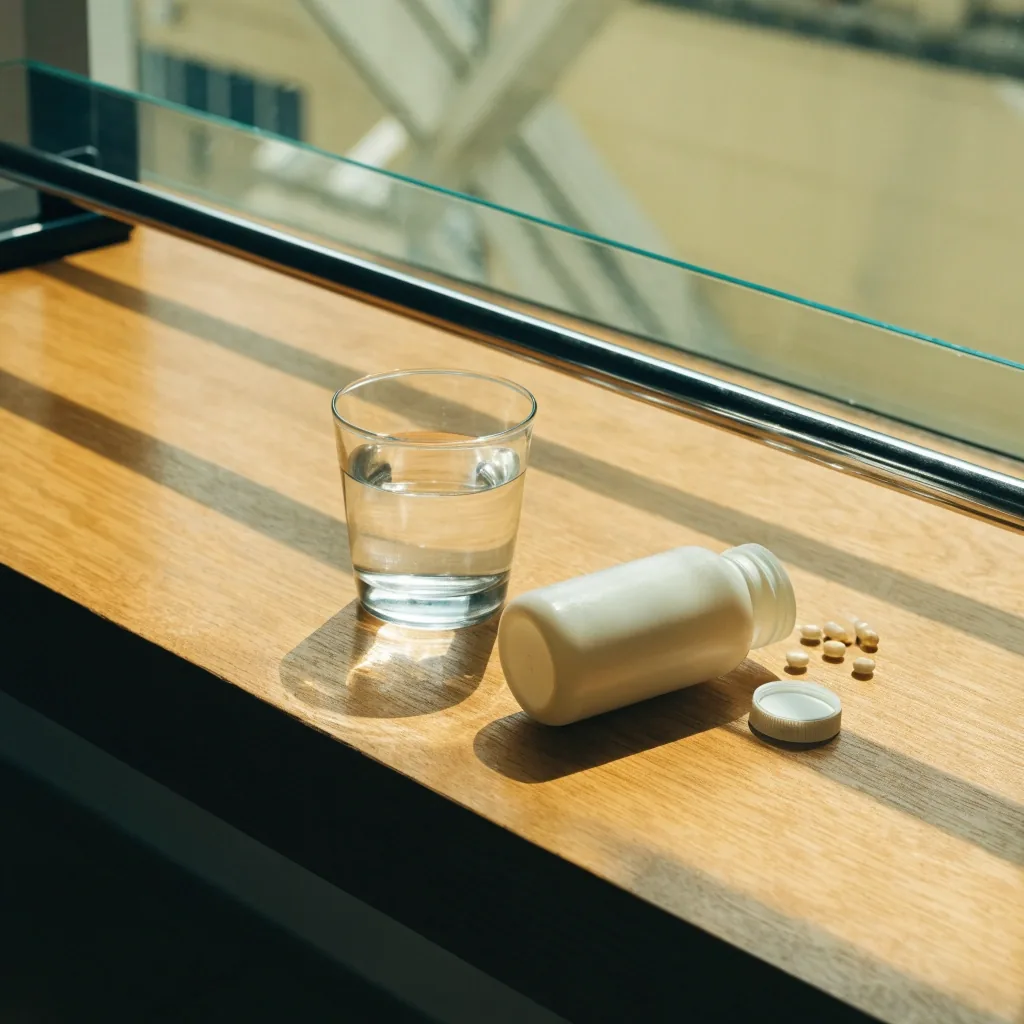 A glass of water and an open blank bottle on a wooden bench at table height