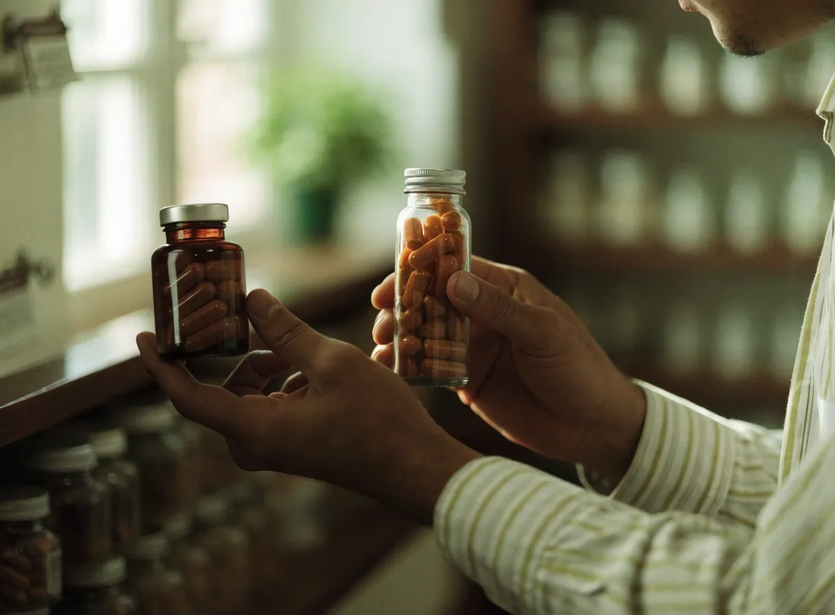 A row of unlabelled amber supplement bottles on a wooden pharmacy shelf edge