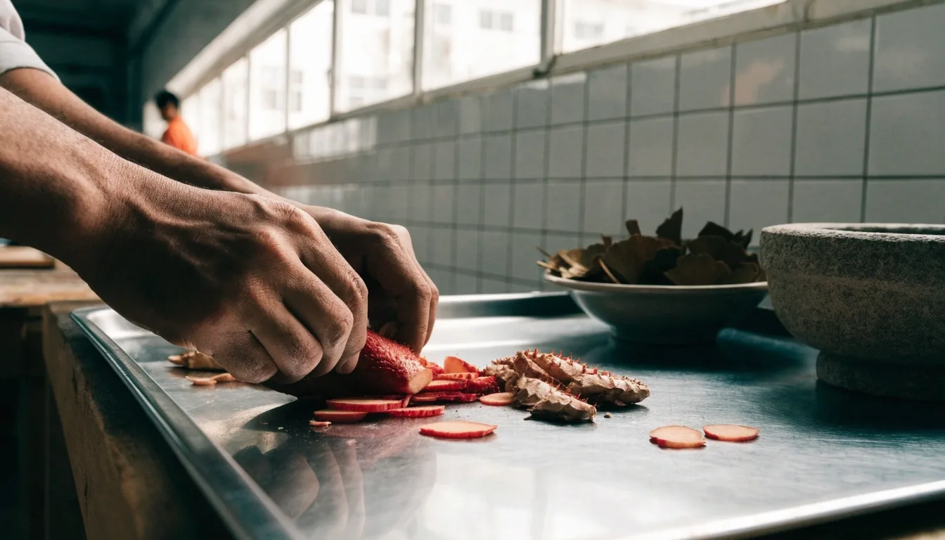 Hands slicing fresh red ginger root on a steel tray beside a bowl of dried botanical extracts
