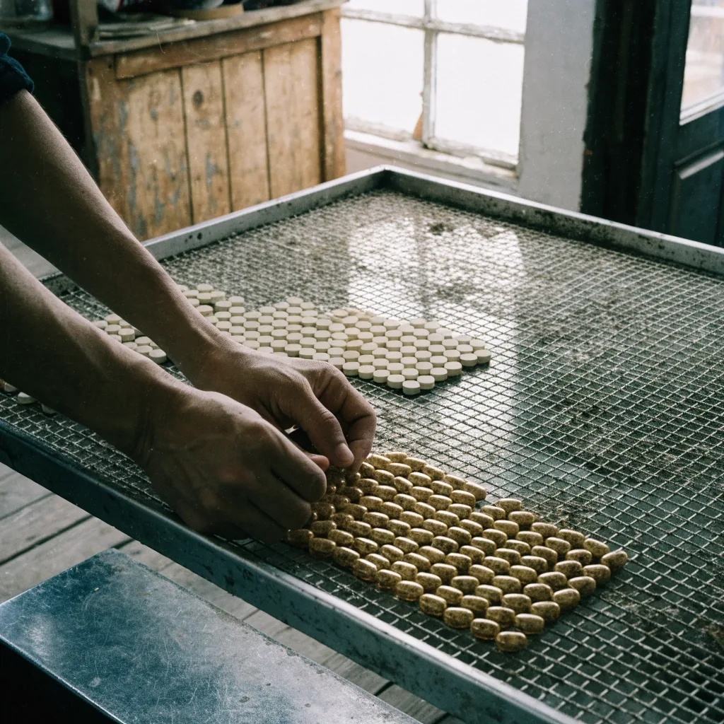 Herbal capsules and vitamin tablets arranged in even rows on a mesh drying tray