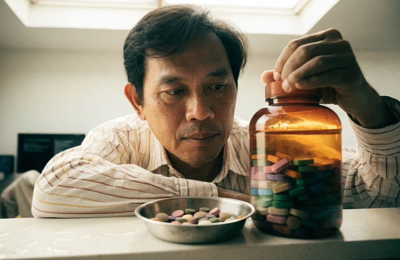 A man comparing a large men's multinutrient bottle against a small dish of loose tablets on a kitchen counter