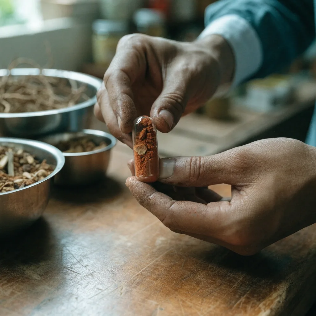 Fresh red ginger root and dried botanical pieces arranged on a steel tray beside a stone mortar in a herbal workshop