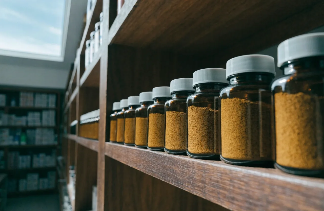 Unlabeled amber supplement bottles standing in an even row on a pharmacy stockroom shelf in Malang